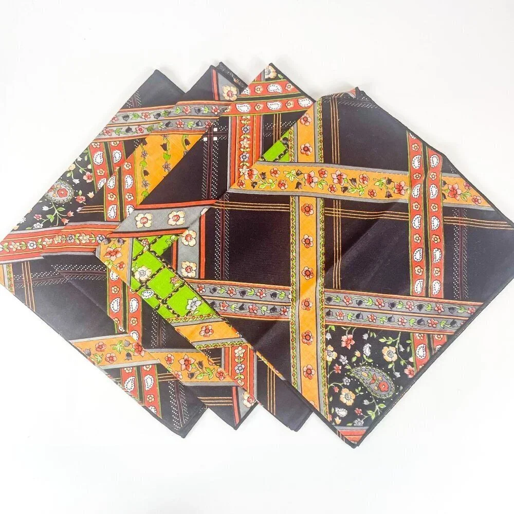 Set of 4 Napkins Mid-Century Cloth Fabric Table Linen Black Orange Mixes Print